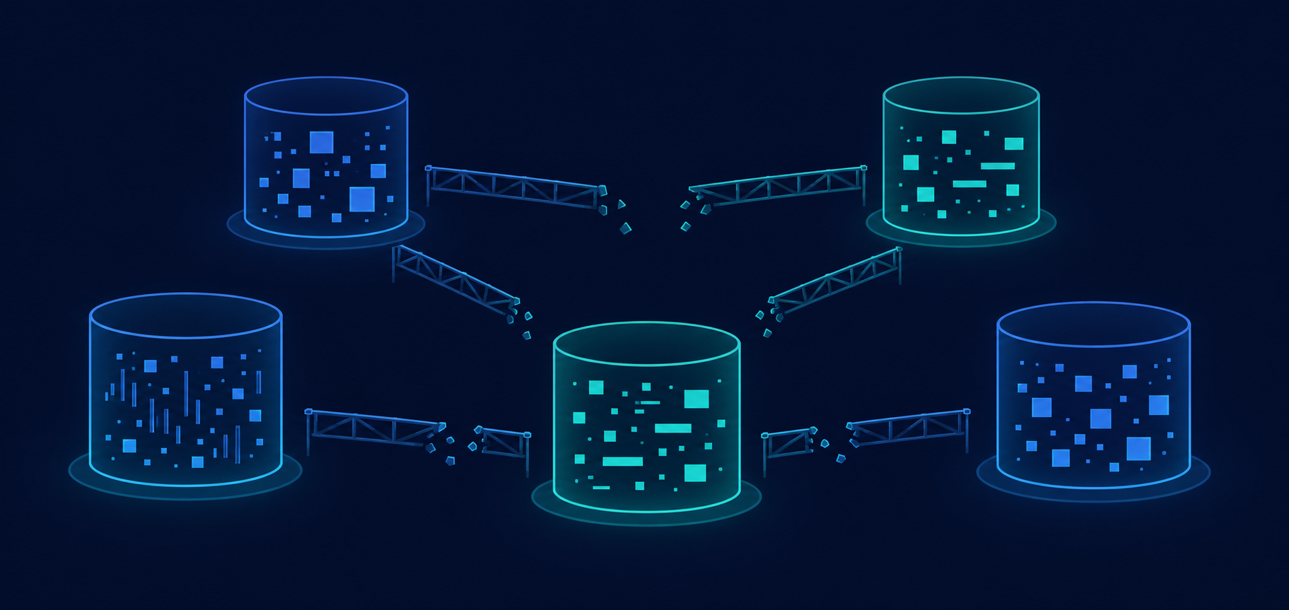 Isolated data silos of a legacy ERP system as fragmented, disconnected data stores
